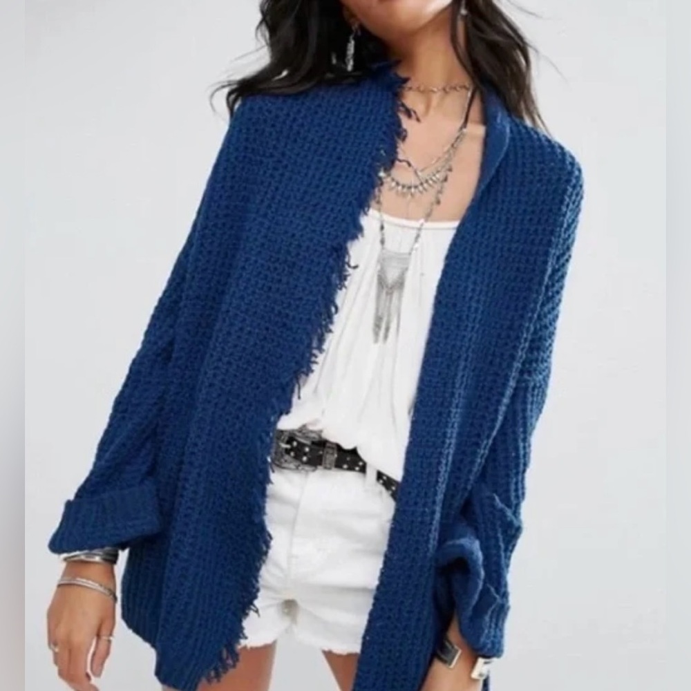 Free People Navy I’ll Be Around Cotton and Silk Blend Cardigan - Size S